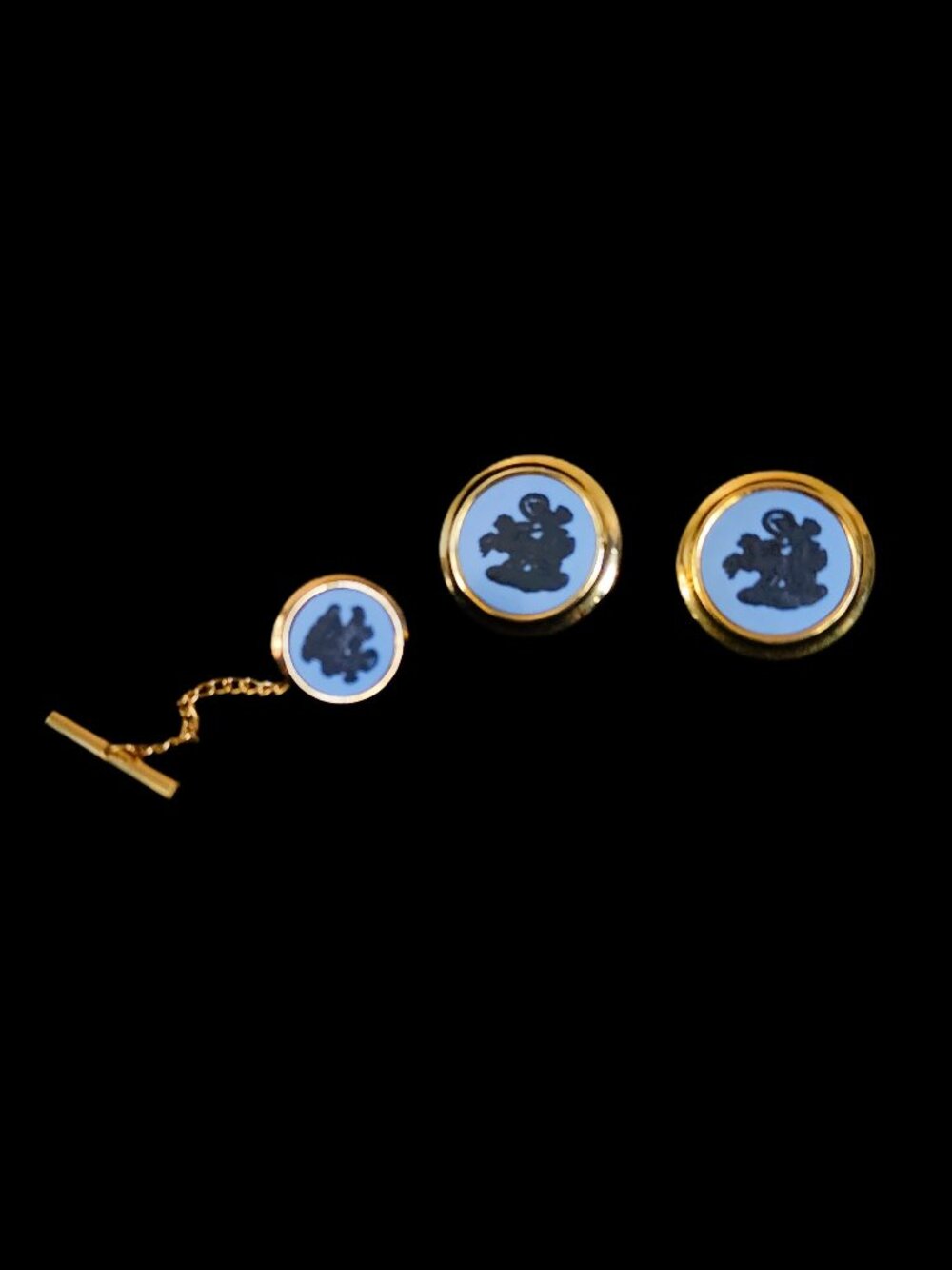 Vintage Wedgwood Black Basalt & Blue Jasperware Cufflinks & Tie Pin Set Gold 5μ